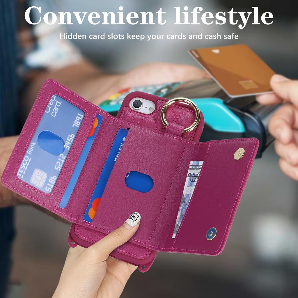 For iPhone SE (2022)/(2020)/8/7 Case with Lanyard/Mirror/Card Holder Grids Pattern RFID Blocking Phone Cover