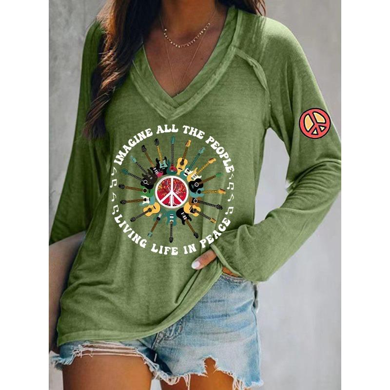 T-shirts Imprimés Style Hippie pour Femmes Ilstile Printemps Été Manches Longues Col en V Hauts Décontractés Amples Nouveauté