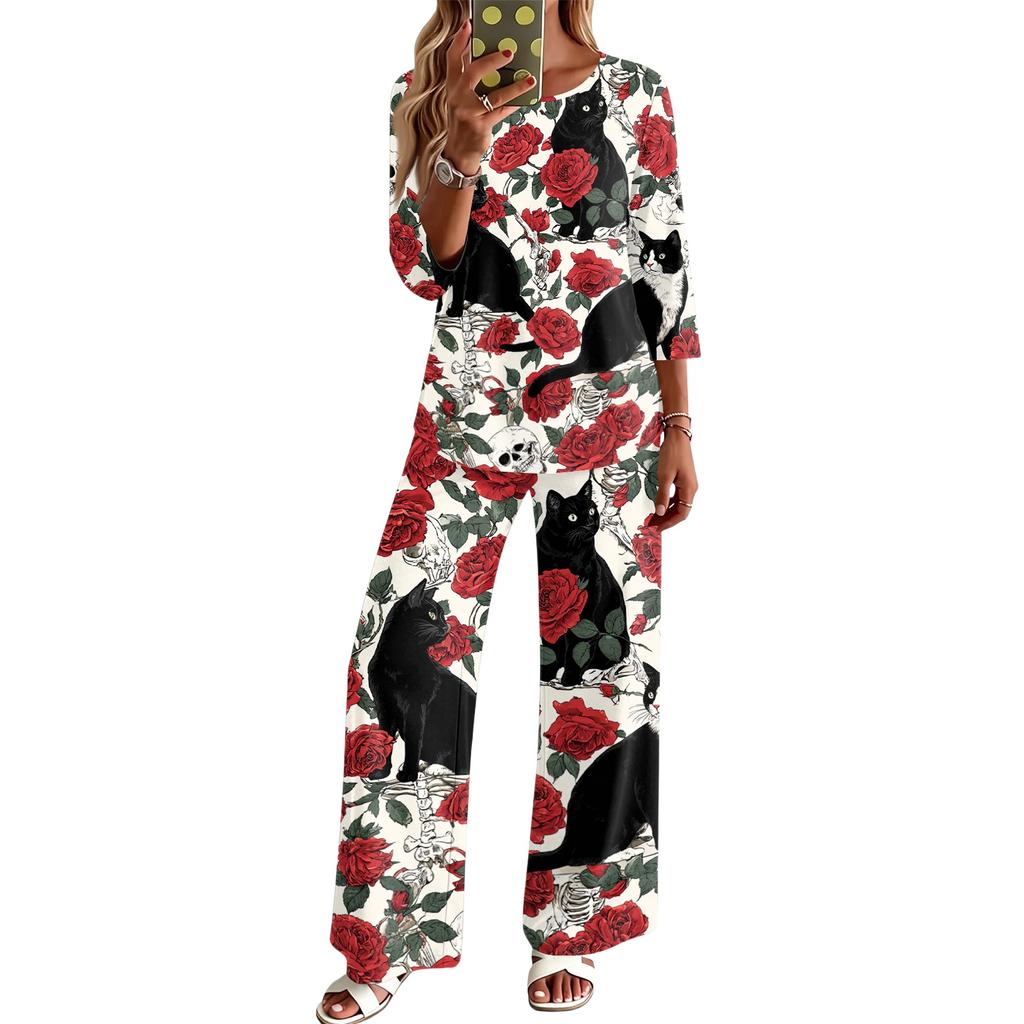 Women's Casual Two Piece Outfit Round Neck Loose Fit 3/4 Sleeve Top and Pants Set for Everyday Wear