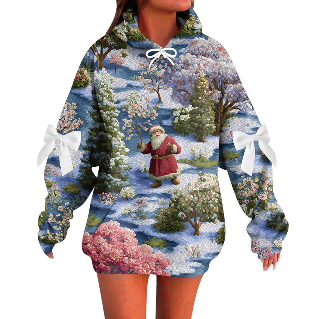 Ladies' Christmas Printed Bow Long Sleeved Loose Fitting Headband With Rope Hooded Sweatshirt Top
