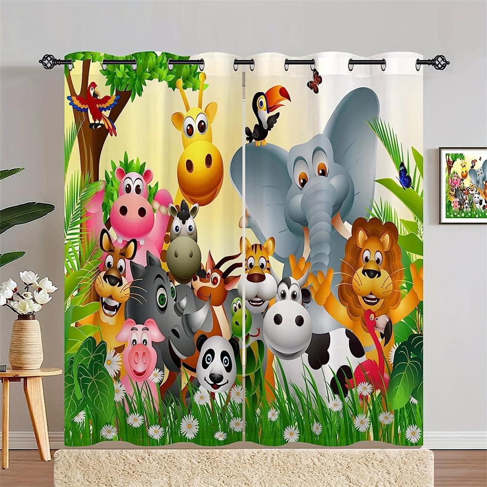 Safari Animals Cartoon Jungle Forest Window Curtains Blinds For Living Room Kids Bedroom Bathroom Kicthen Door Home Decor2Pcs
