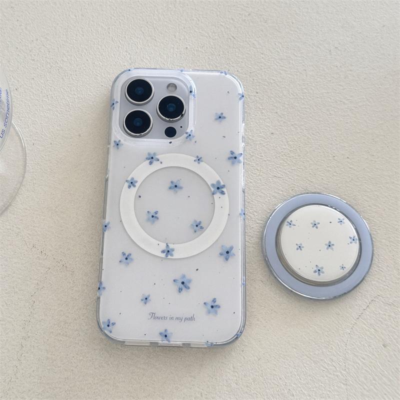 Korean Ins Flower Magnetic Stand Phone Case For iPhone 16 Pro 15 14 13 Pro Max Cover with Magsafe Card Holder Cute Cases Funda
