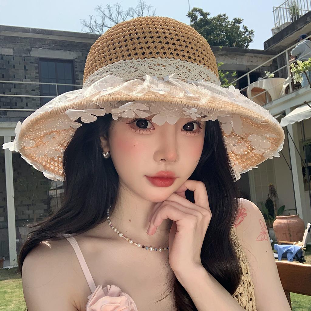 Lace flower straw hat women's summer sunshade sunscreen hat seaside beach sun hat big brim showing face small bucket hat