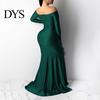 Slim Fit Dress Lady Evening V Neck Off Shoulder Side Slit Floor Length Long Ball Gown Sleeves Pleated Maxi Banquet Party Solid Color