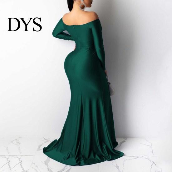 Slim Fit Dress Lady Evening V Neck Off Shoulder Side Slit Floor Length Long Ball Gown Sleeves Pleated Maxi Banquet Party Solid Color
