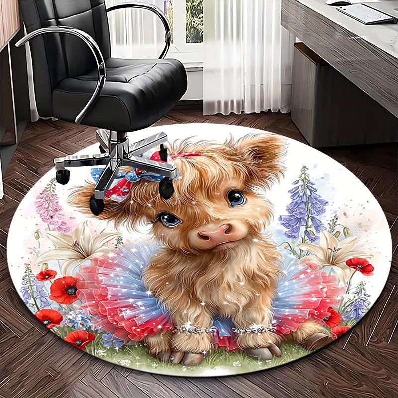 1pc American Flag Cow with Bow Round Carpet Office Chair Mat, Anti Slip Rug for Home Decor, Gift, Office, Living Room, Bedroom