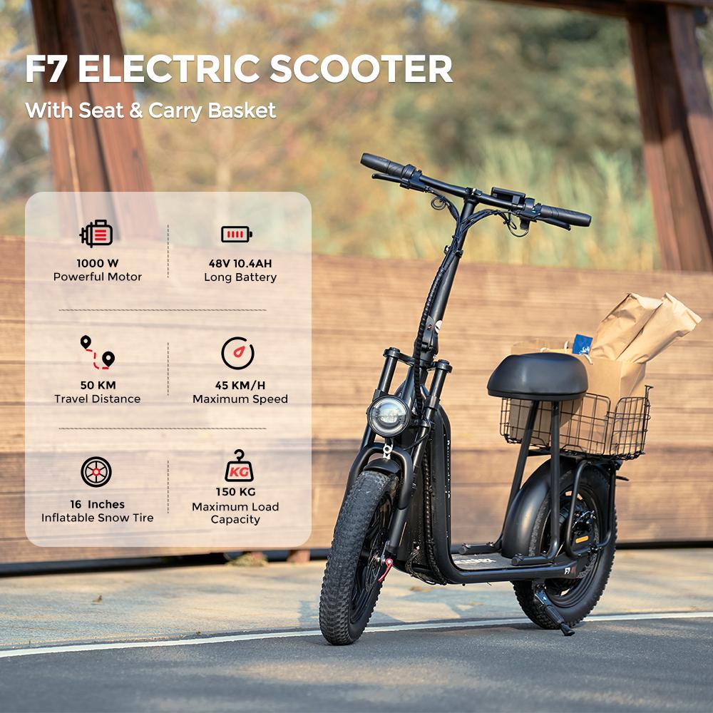 iScooter F7 Electric Scooter 1000W Motor 10.4Ah Battery 16'' Pneumatic Snow Tires 25KM/H Max Speed 64-72KM Range Adult Electric Scooters