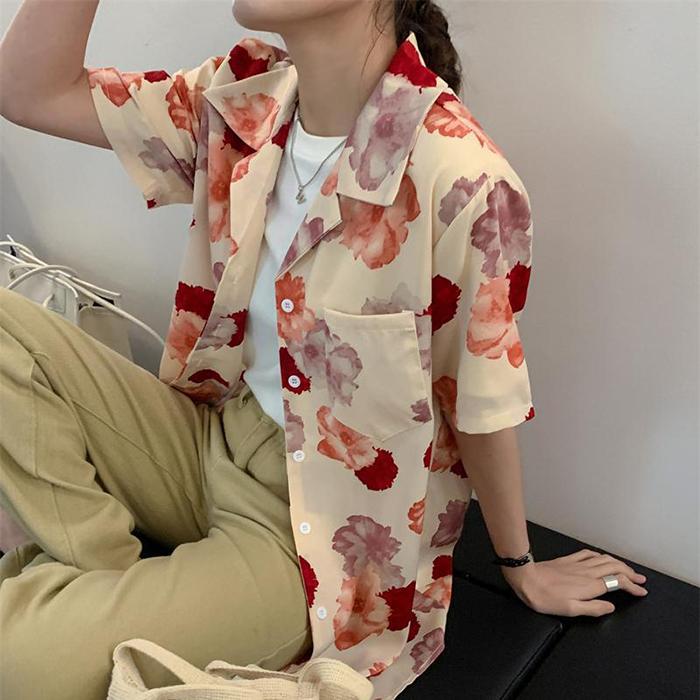 Loose Fit Printed Shirt Women‘s - Short Sleeve Summer Casual Blouse Top