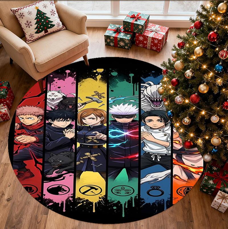 Jujutsu Kaisen Pattern Round Rug, Indoor/Outdoor Mat, for Picnic, Gameroom, Bedroom, Office, Living Room, Home Decor Carpet, Birthday Gift