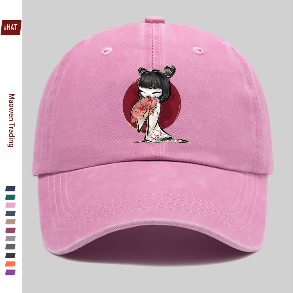 pc Cute Japanese Style Handheld Folding Fan Print Baseball Cap with Cartoon Cherry Blossom Print Design Sun Hat Comfortable Lig
