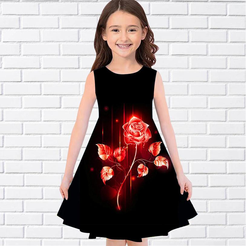 Girls Sleeveless Round Neck Vest Dress Stylish 3D Digital Print Pattern Summer Versatile Mini Children's Dress