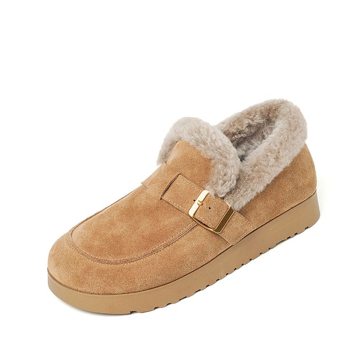 Fashion NEW Winter Women Pumps Round Toe Flat Heel Shoes Cow Suede Leather Shoes Women Slip-on Belt Buckle Shoes Warm Wool Women Loafers