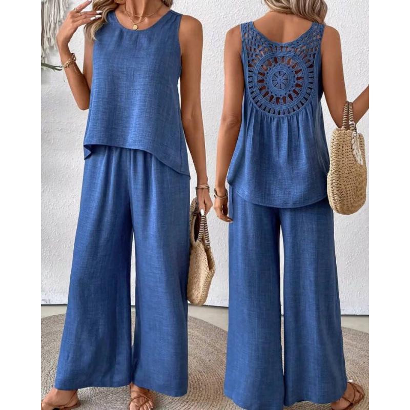2026 Summer Sleeveless Solid Color Lace Back Women's Casual Set