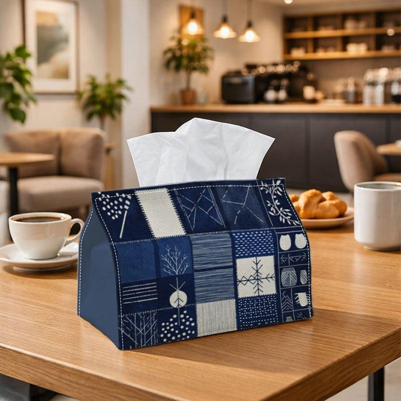 1pc Indigo Textile Inspired Pattern Tissue Box Multifunctional, Geometric Patchwork Blue White Suitable for Home, Parties, And Car Decoration. This De