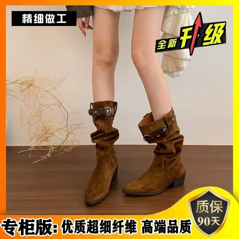 Thick Heel Pointed Tall Pleated Tube Pile Boots Women's Summer and Autumn Cowboy Medium Tube Knight Boots
