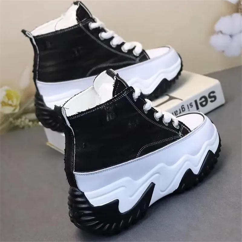 Fashion Fashion Women Chunky Platform Motorcycle Boots Lace Up Thick Bottom Shoes Woman Autumn  Ankle Boots Denim canvas shoes