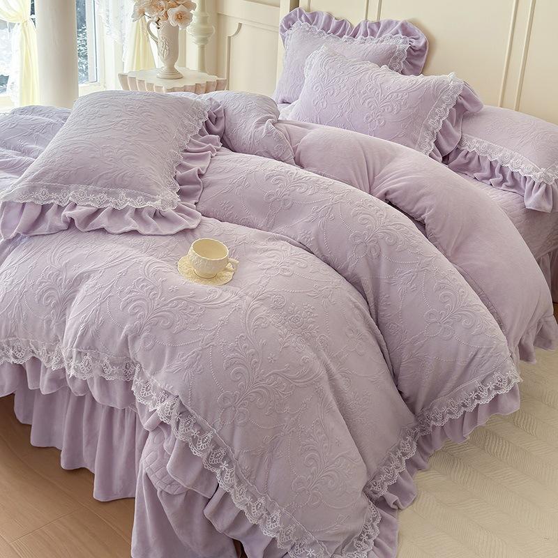 

French Lace Thickened Milk Fleece Four-Piece Set Double-Sided Baby Fleece Coral Fleece Quilt Cover Padded Bed Skirt 1.8m bed4pc 200x230cm quilt core