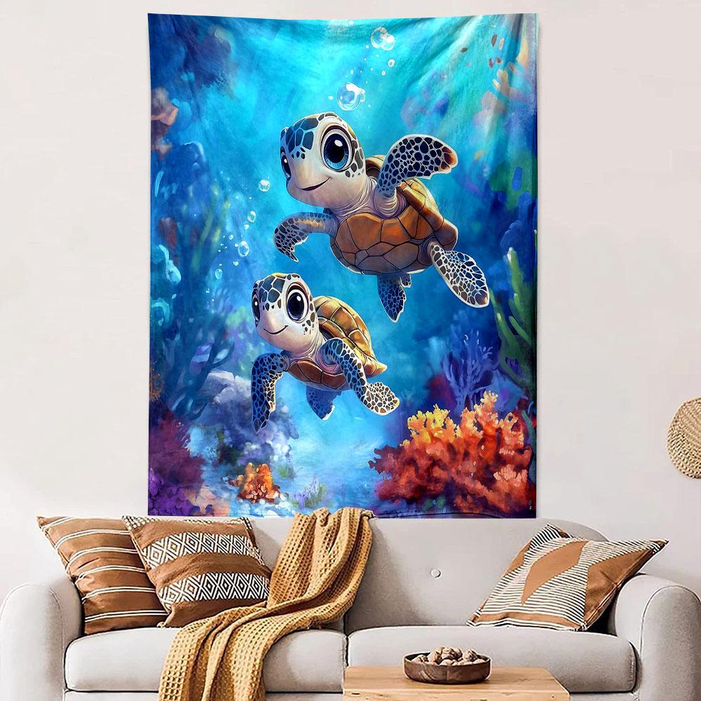 Cute Sea Turtles In Vibrant Ocean Scene Patterned Tapestry Decorative Wall Hanging, Home Bedroom Living Room Decor