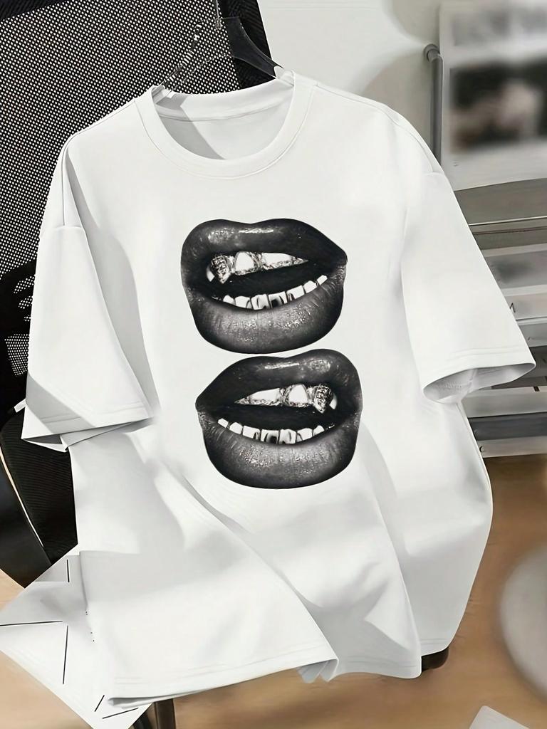 Unisex Punk Lips Graphic Crew Neck Short Sleeve Tee Breathable Casual Top For Spring Summer Daily Wear