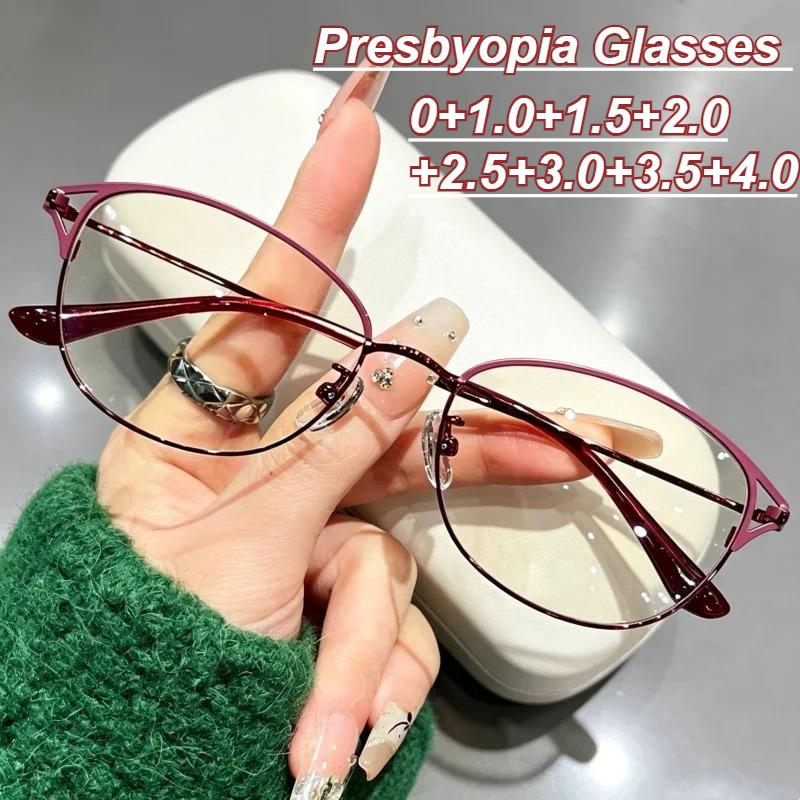 Metal Oval Elegant Women's Presbyopia Glasses Premium Blue Light Blocking Fashionable High-Definition Cat-Ear Reading Eyewear