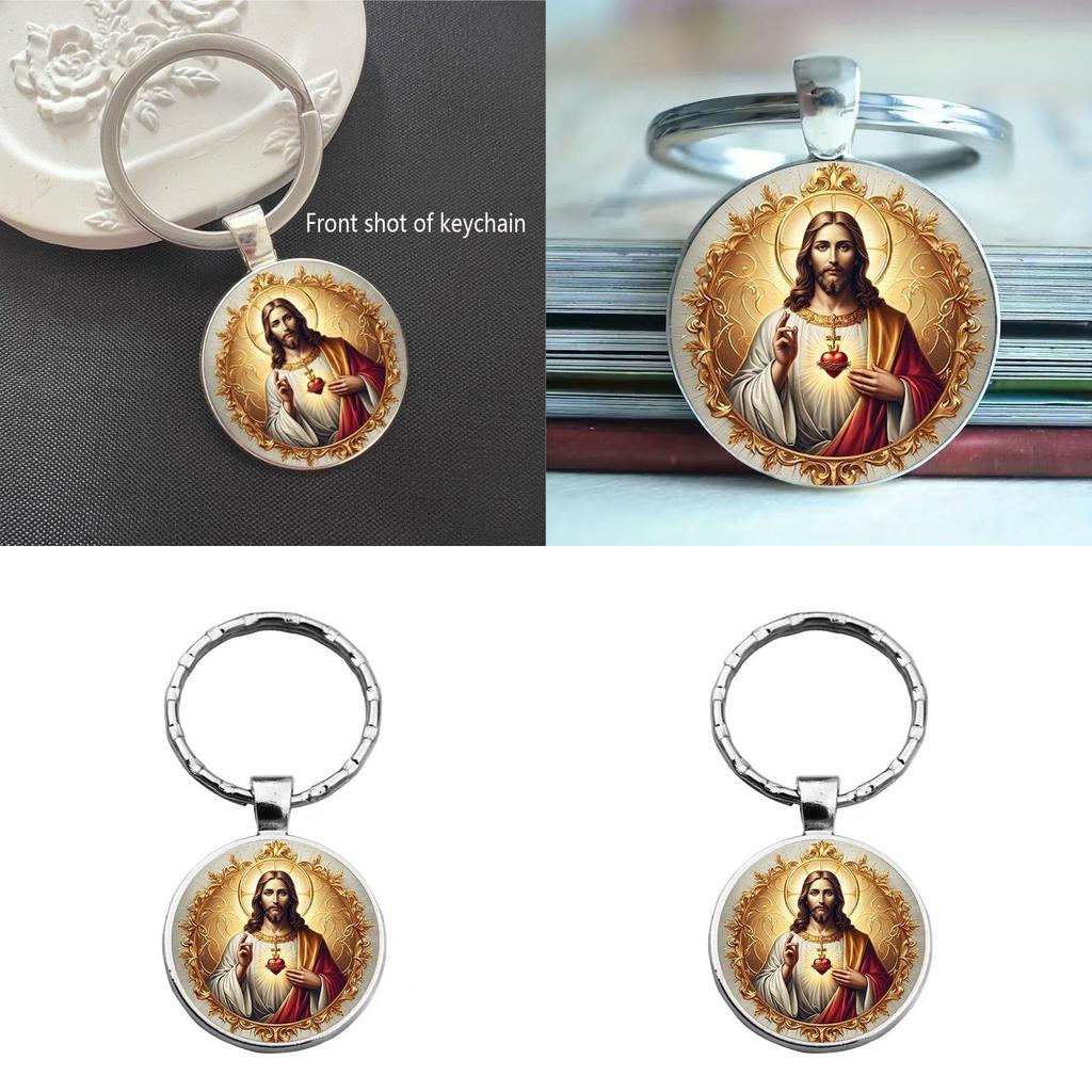 Jesus Character Heart Glass Keyring With Alloy Decor For Party Gifts Celebration