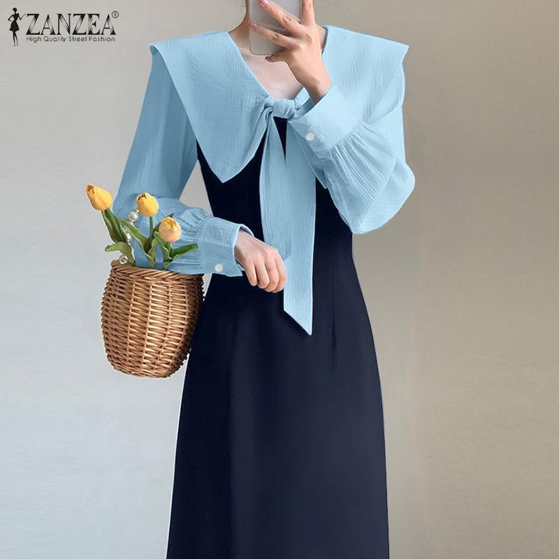 

ZANZEA Women Casual Patchwork Doll Collar Long Sleeve Long Dress M синий