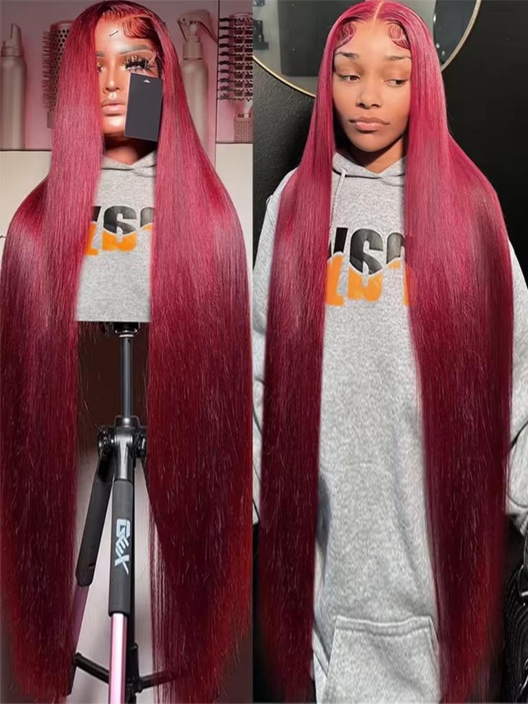 200 Density 13x4 13x6 Full Frontal Lace 99j Burgundy Preplucked Colored Straight Frontal Wig HD Transparent Lace Human Hair Wigs