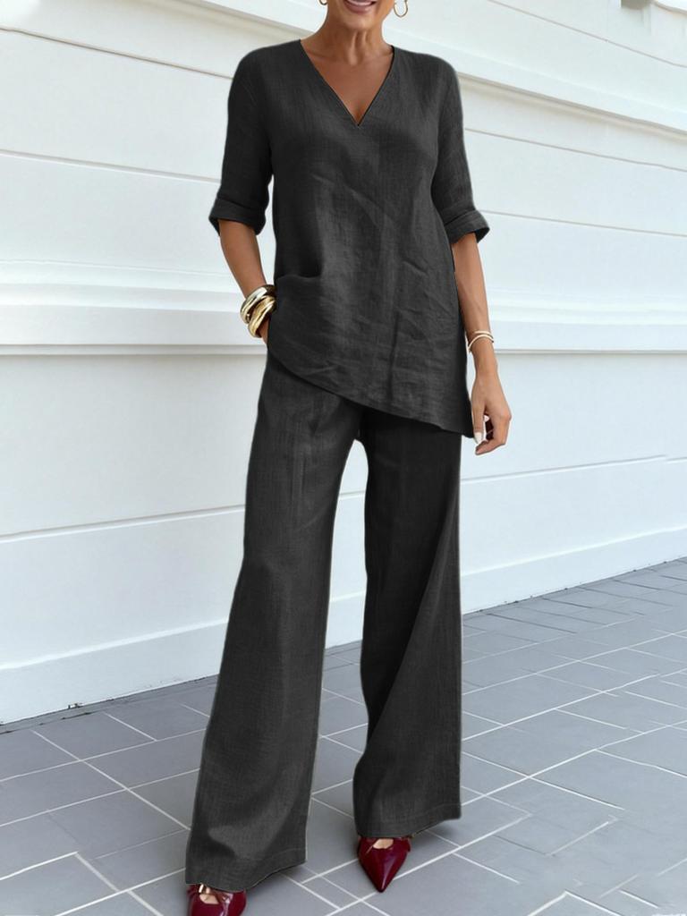 Autumn Women's Casual Cotton Linen Solid Short Sleeve V-Neck Tunic Top