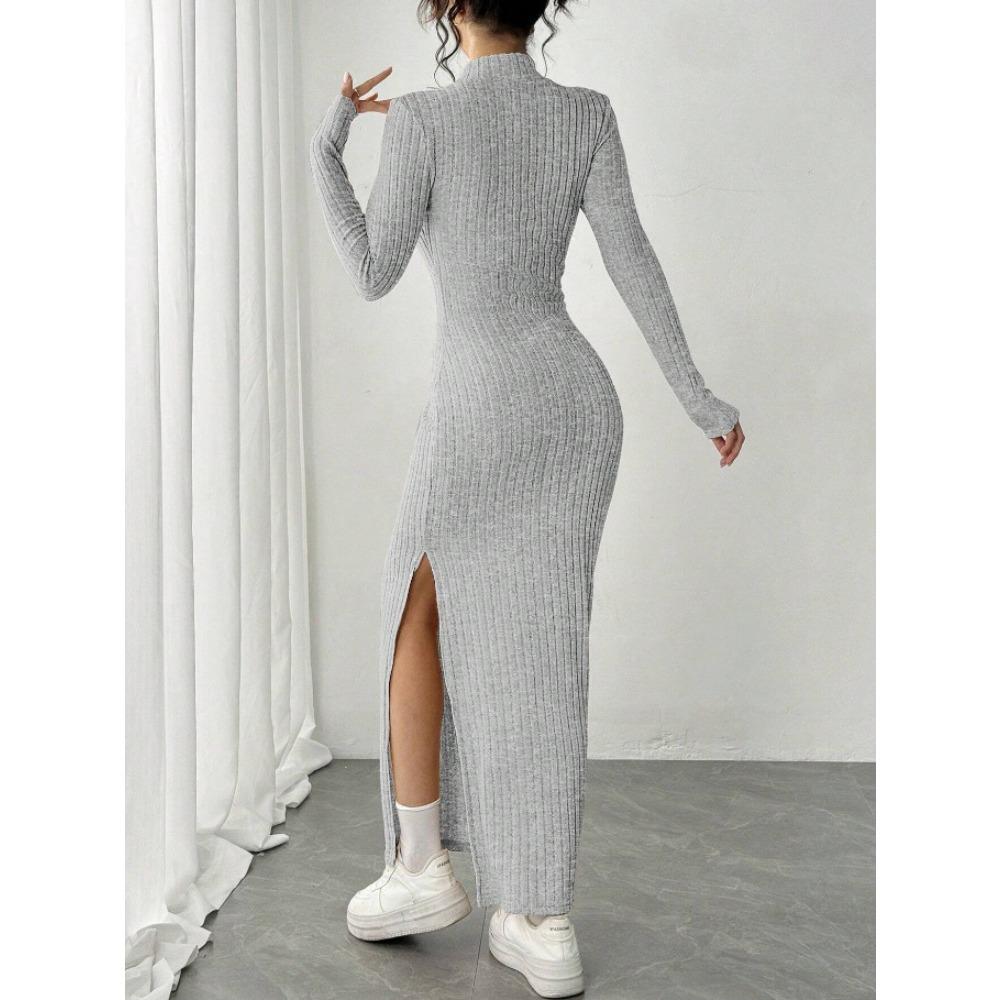 Autumn Winter Solid Long Sleeve Half Turtleneck Maxi Dress Women's Elegant Side Slit Skinny Elastic Gray Knitted Dresses Women