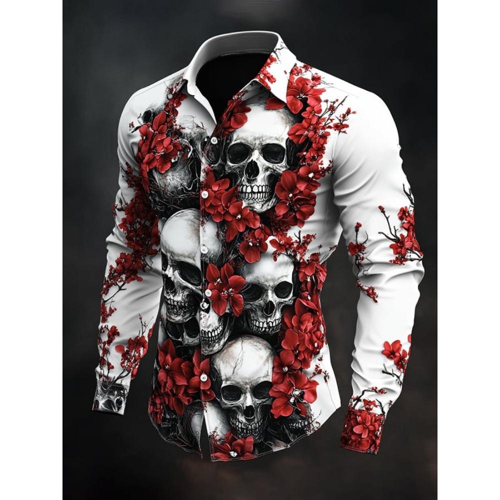 Mens Long Sleeve Button Up Hallloween Shirt Flower Skull 3d Print Hawaiian Shirt Men Women Fashion New Design Blouse Fit Camisas