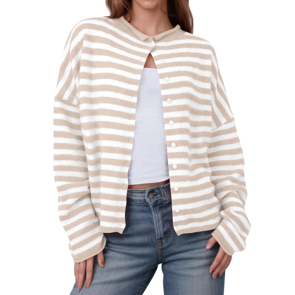 Womens Striped Cardigan Casual Long Sleeve Open Front Button Down Loose Knit