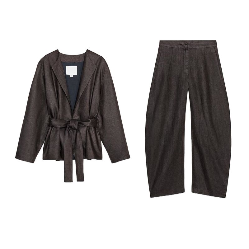 With Belt Round Neck Kimono Coat 8426329 Linen Blended Balloon Mid Waist Pants 7627242