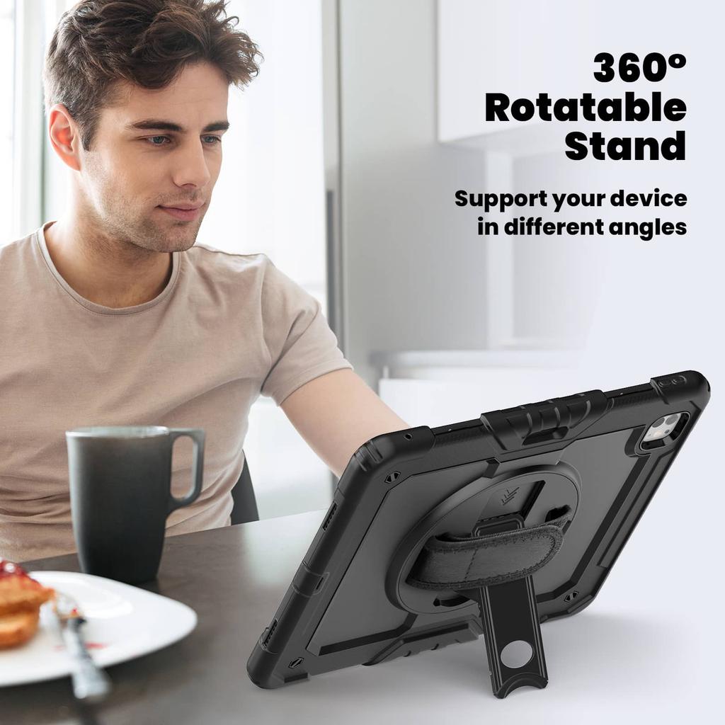 For iPad Pro 13-inch (M4) 2025, Military Grade Shockproof Protector Silicone Cover with Pencil Holder+Handle Shoulder Strap Case