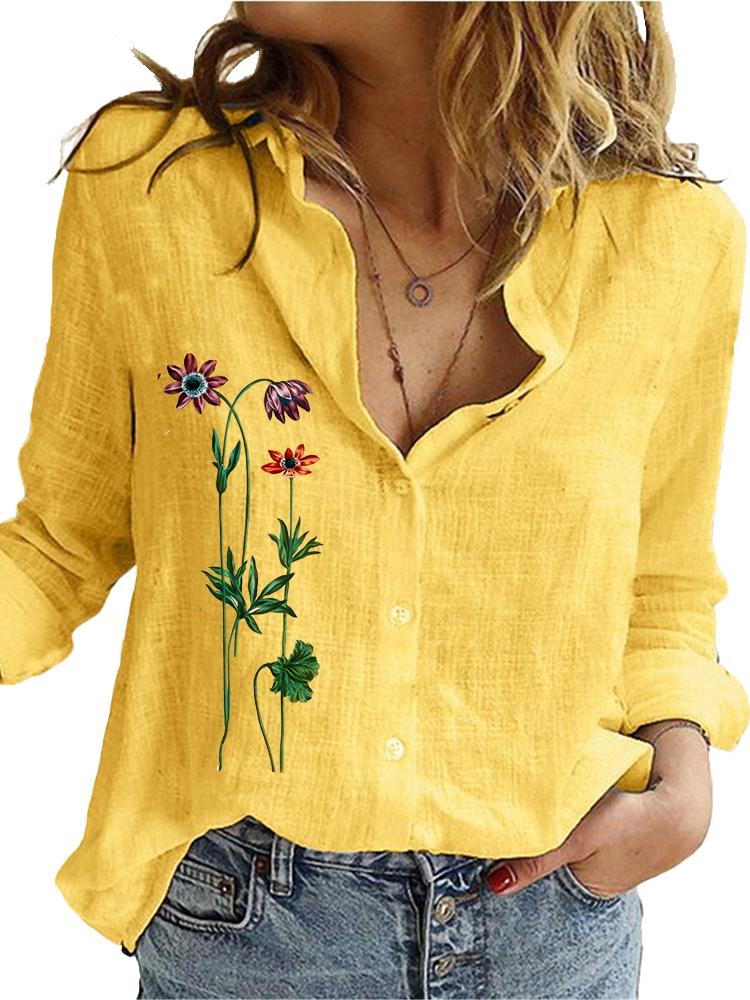 

Женская модная рубашка с длинным рукавом, свободный топ из хлопка и льна, женские повседневные блузки с принтом 5XL жёлтый