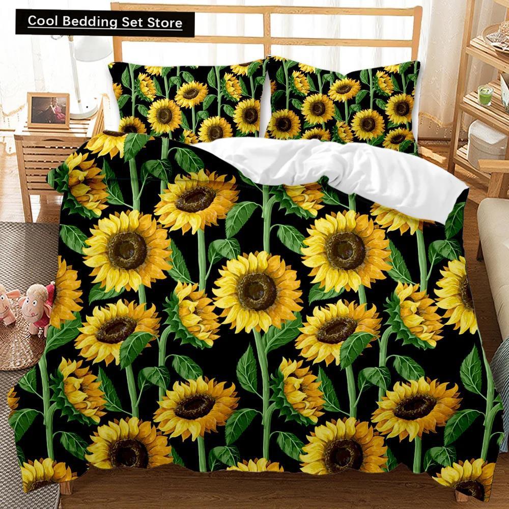 Comforter Sunflower Girly Yellow Floral Print Twin Comforter Women Blossom Flowers Polyester Bedding Set King Size