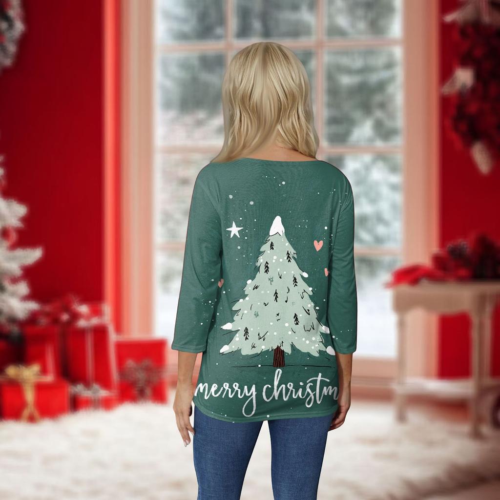 Dámský vánoční potisk s 3/4 rukávem do O-neck