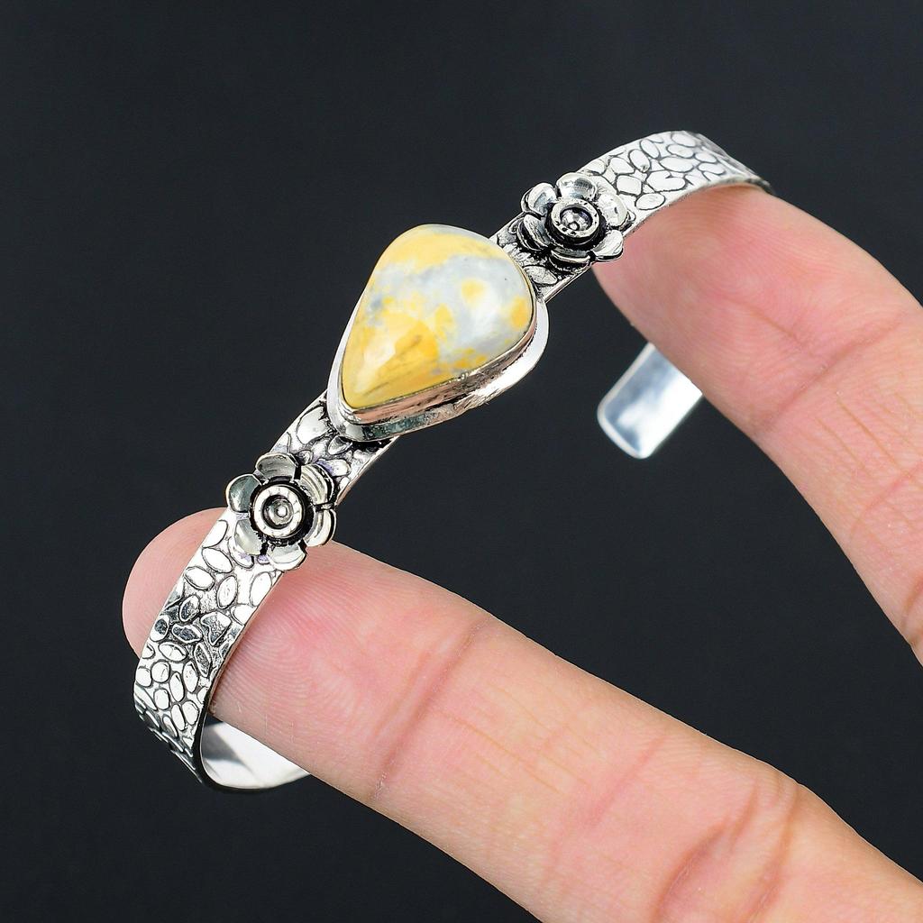 Gift For Her Natural Maligano Jasper Bangle Flower Adjustable 925 Silver