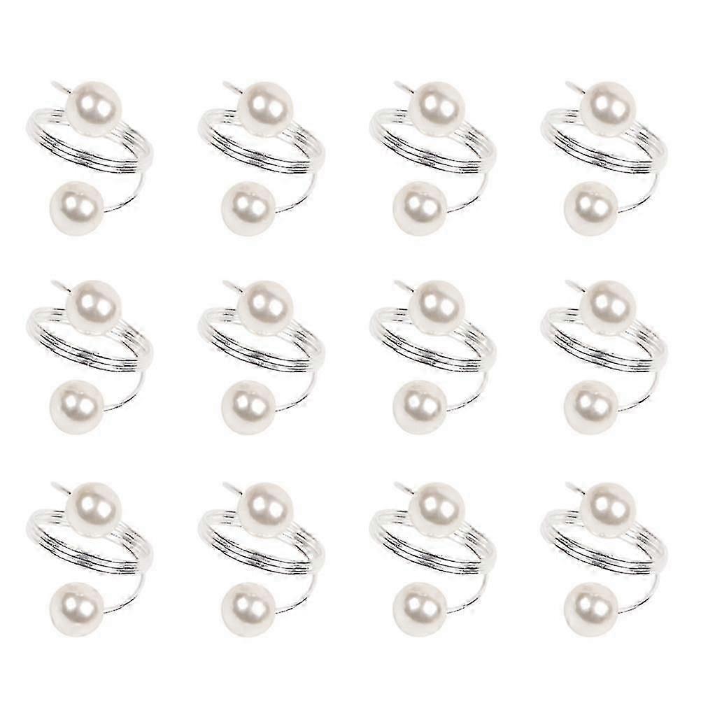 12pcs White Pearl Napkin Rings Silver Napkin Holders Serviette Buckles For Wedding Banquet Dinner Party