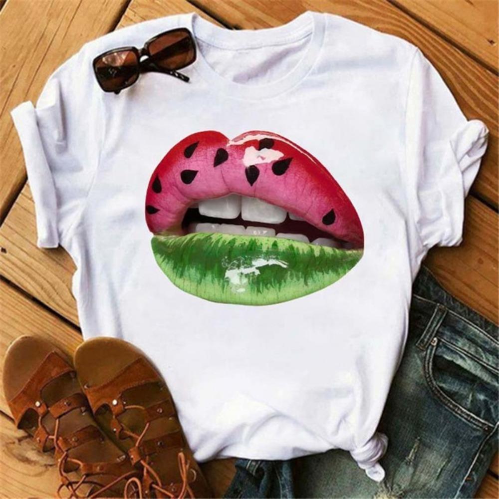Fashion Lips Print Women T Shirt Casual Short Sleeve O Neck Loose Women Tshirt Ladies Tee Shirt Tops Clothes Camisetas Mujer