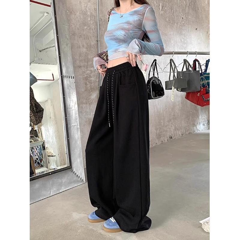 Black drawstring loose lazy trousers sweatpants women's early autumn high waist wide leg trousers straight pants casual trousers Yamamoto trousers