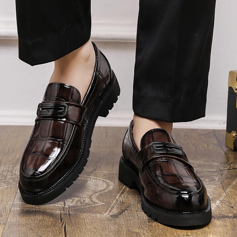Platform Leather Shoes British Tide Business Dress Shoes Heightening Hair Stylist Big Head Round Head Casual Leather Shoes
