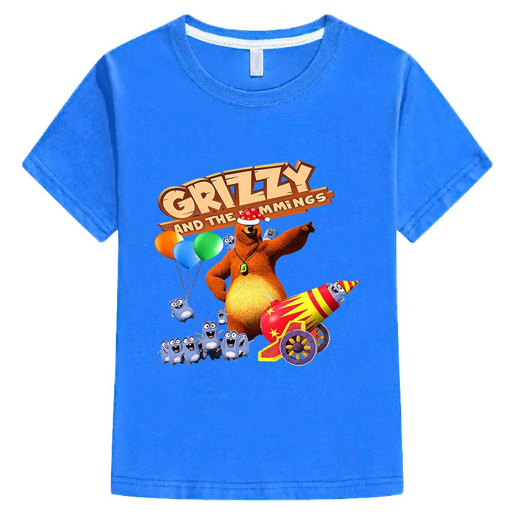 T-shirt per Bambini Grizzy e i Lemming 100% Cotone Stampa Cartone Animato Manica Corta Carina per Bambini e Bambine Top per Bambini 3-12 Anni Girocollo Magliette Estive Anime
