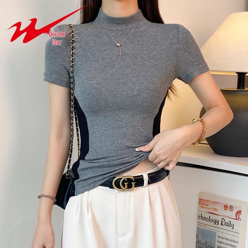 

Women s Contrast Patchwork Half-High Collar Short Sleeve T-Shirt S