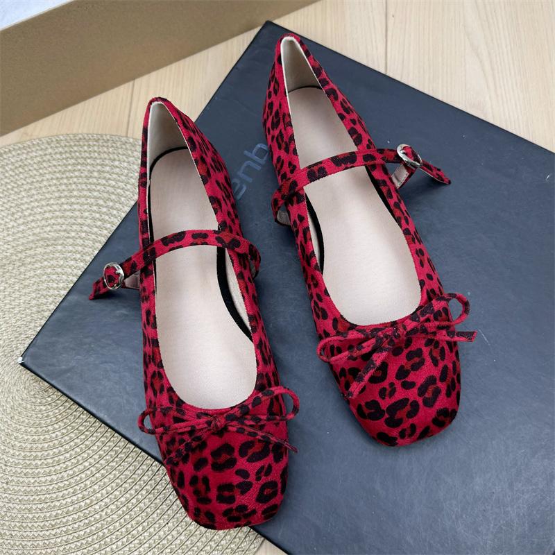 Fashion Flat Shoes for Women Suede Square Toe 2025 Spring and Autumn New Bow Flat Bottom Mary Jane Shoes Plus Size Women's Shoes 43 44