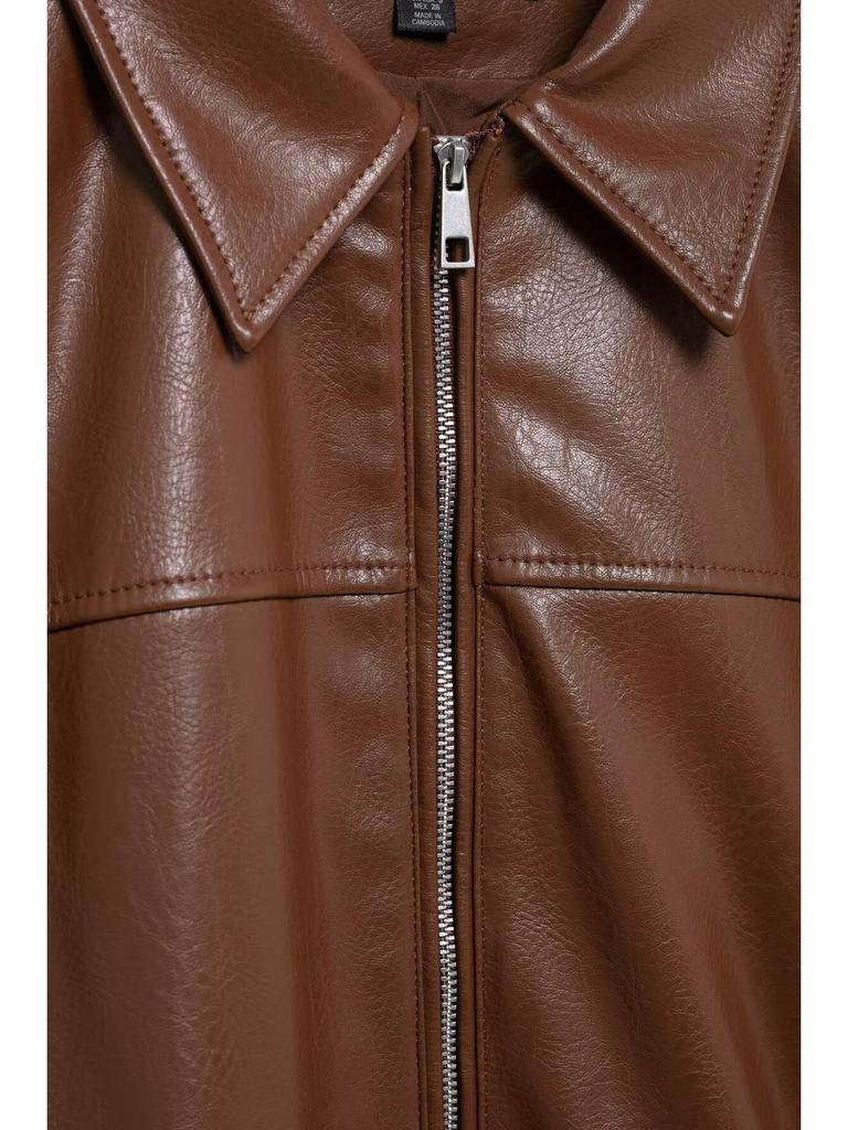 European and American Women's Fashion 2025 Spring Pilot Long Sleeve Faux PU Jacket