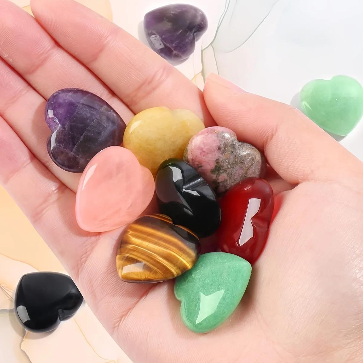 10pcs Heart Crystal Stone Crystal Palm Natural Polished Love Shaped Gemstone Rose Quartz Amethyst Assorted Set Bulk