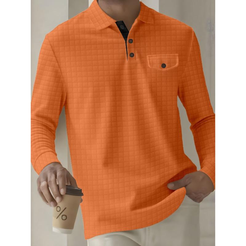 Men's Long Sleeve Plaid Polo Shirt Button Pocket Sports Polo Shirt