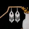 Ethnic Miao Silver Style Long Tassel Earrings with Ancient Scenic Stud Design for Women