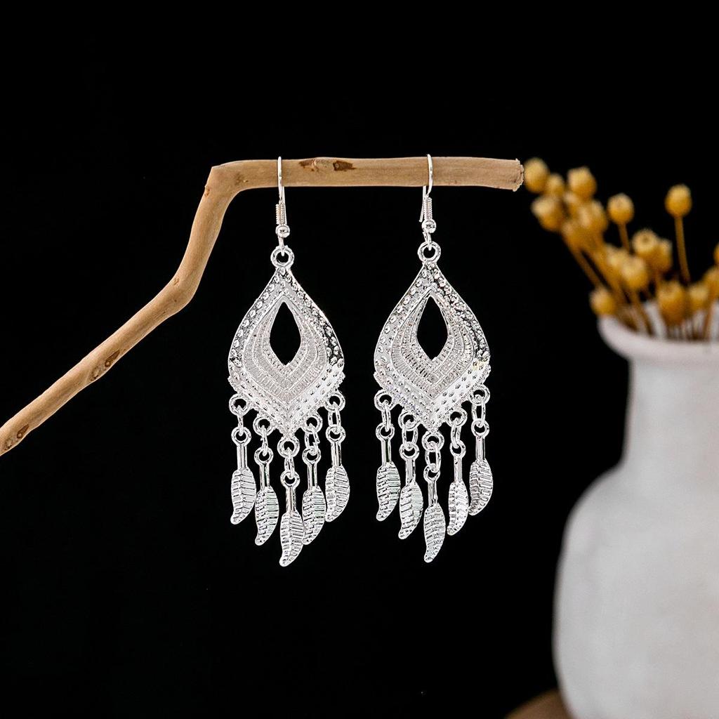 Ethnic Miao Silver Style Long Tassel Earrings with Ancient Scenic Stud Design for Women