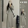 Women's Gray Knit Dress - 2026 Korean Style, Waist-Cinched, Spring & Autumn Long Sleeve Skirt